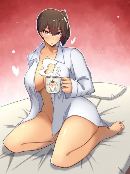 Kaga has a cup of coffee in bed